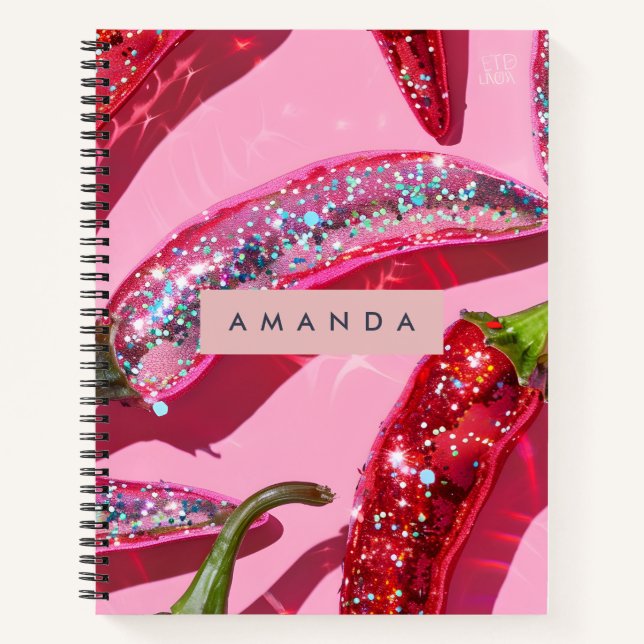 Personalised Sparkling Hot Pink Glitter Chilli Notebook (Front)