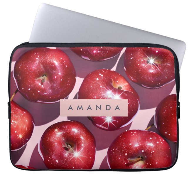 Personalised Sparkling Red Apple Pink Background Laptop Sleeve (Front)