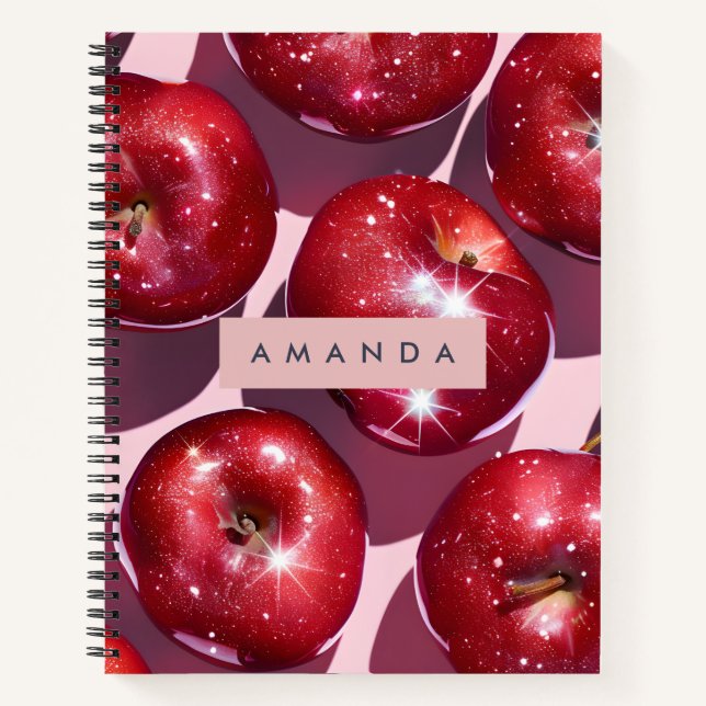 Personalised Sparkling Red Apple Pink Background Notebook (Front)