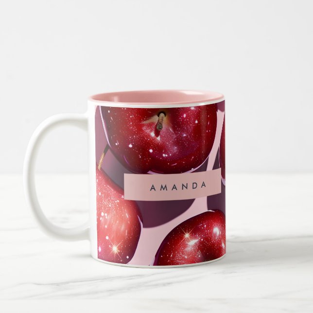 Personalised Sparkling Red Apple Pink Background Two-Tone Coffee Mug (Left)