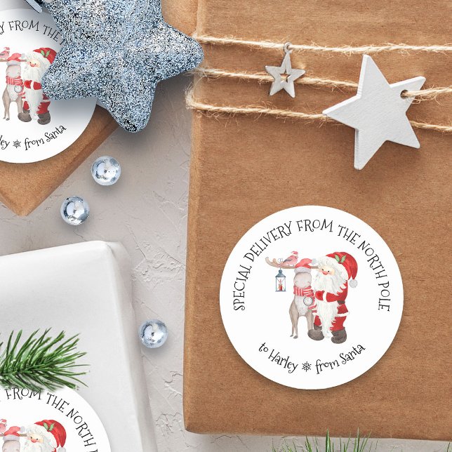 Personalised Special Delivery from North Pole Classic Round Sticker (Special Delivery from the NOrth Pole sticker from Santa - personalized with child's name)