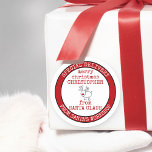 Personalised Special Delivery from Santas Workshop Classic Round Sticker<br><div class="desc">Personalised Christmas stickers from Santa for children's gifts. Trendy typewriter typography design with doodle drawing of a red nosed reindeer. The template is set up ready for you to add your own message in the centre - the sample wording reads "merry christmas [YOUR NAME] with love from SANTA". The stamp...</div>