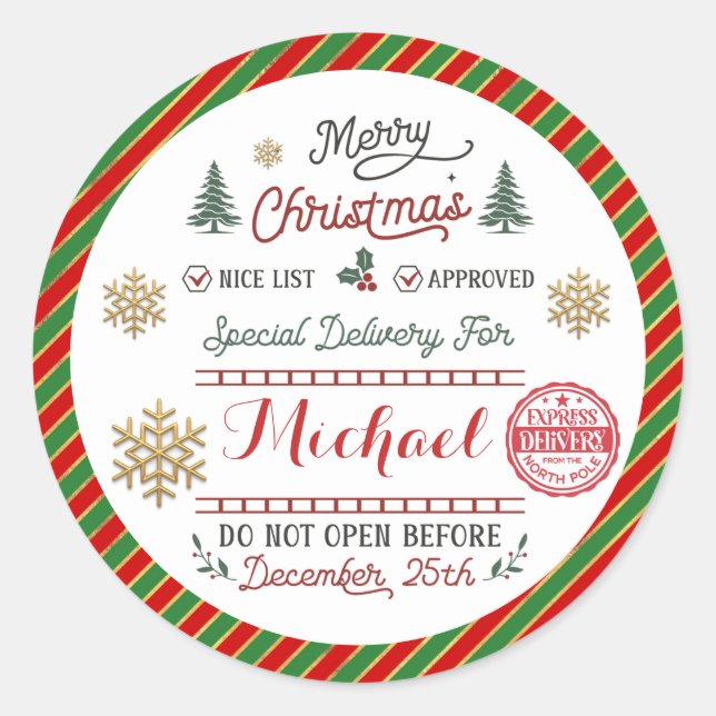 Personalised Special Delivery North Pole Santa Classic Round Sticker (Front)