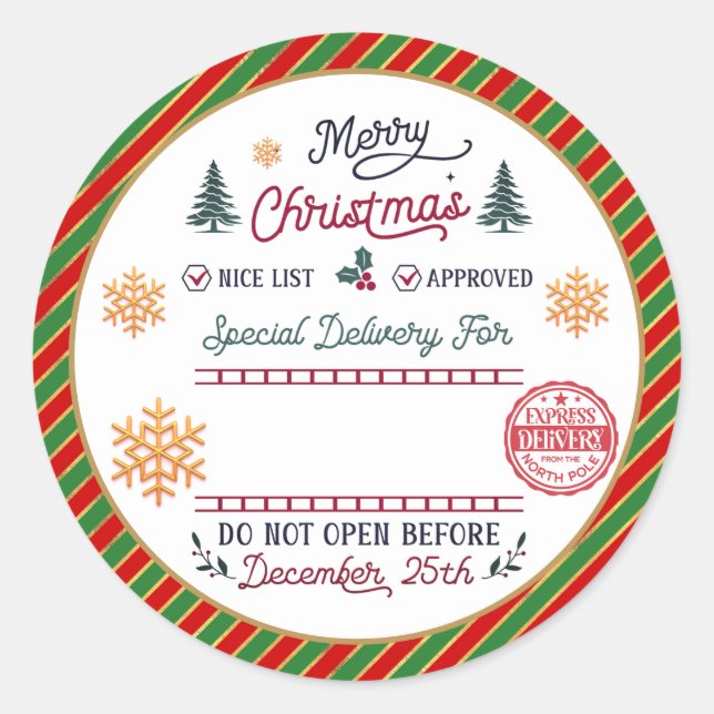 Personalised Special Delivery North Pole Santa Classic Round Sticker (Front)