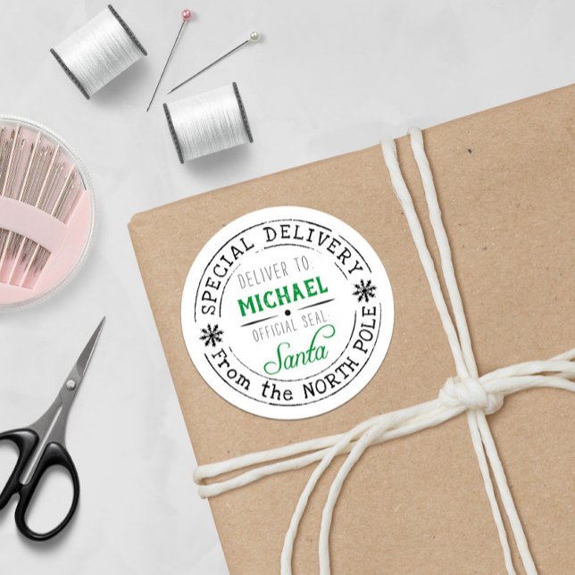 Personalised Special Delivery North Pole Santa  Classic Round Sticker (Official Seal of Santa Gift Stickers! )