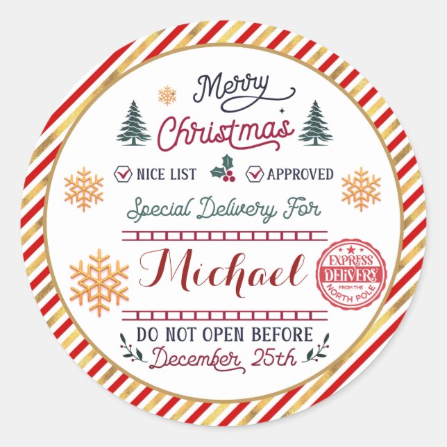 Personalised Special Delivery North Pole Santa Classic Round Sticker (Front)