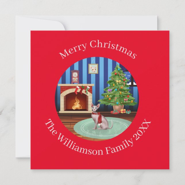 Personalised Sphynx Kitty Cat Christmas Holiday Card (Front)
