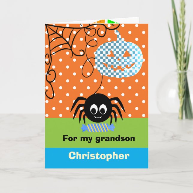 Personalised Spider Pumpkin Halloween for Grandson Card (Front)