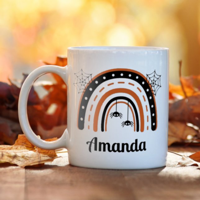 Personalised Spider Rainbow Halloween Coffee Mug (This personalized Halloween mug makes coffee time even more fun.)