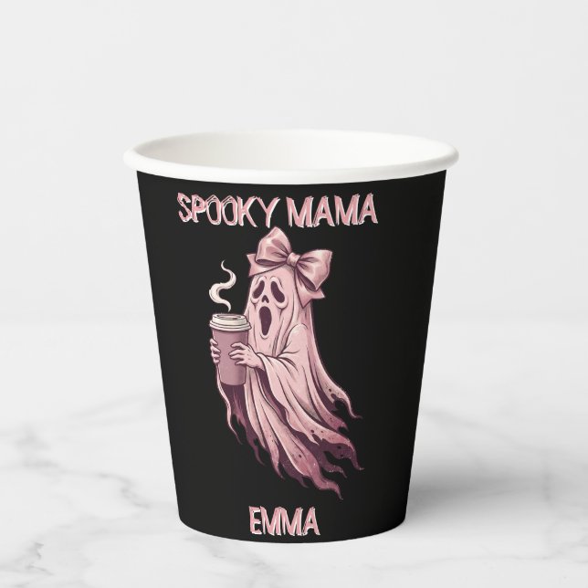 Personalised Spooky Mama Coquette Coffee Ghost Paper Cups (Front)