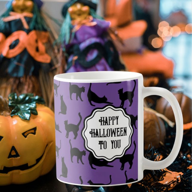 Personalised Spooky Purple Halloween Black Cats Coffee Mug (Personalize it!)