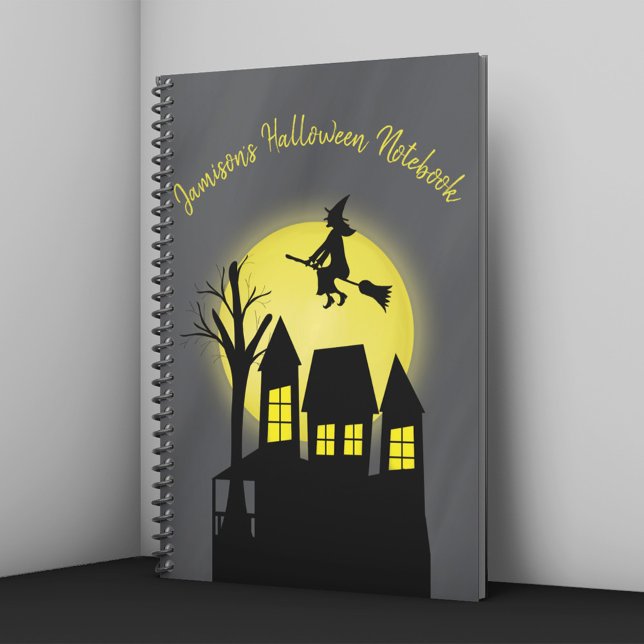 Personalised Spooky Witch Haunted House Halloween  Notebook (Spooky Halloween notebook with witch flying over haunted house and glowing full moon.)