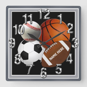 Personalised Sports Clock, Your Name and Colours Square Wall Clock