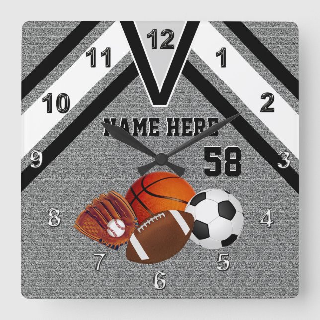 Personalised Sports Wall Clock, Your Name, Number Square Wall Clock (Front)