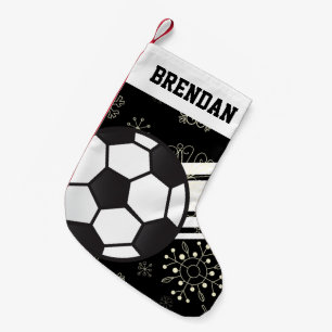 Personalised Sporty Stripes Soccer Ball Black Small Christmas Stocking