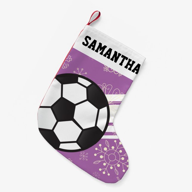 Personalised Sporty Stripes Soccer Ball Purple Small Christmas Stocking (Front (Hanging))