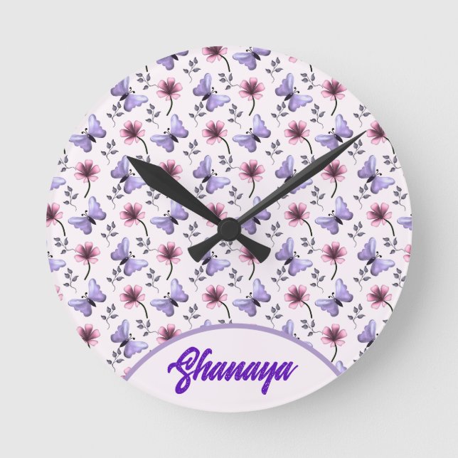 Personalised Spring Butterfly Floral Gift   Round Clock (Front)