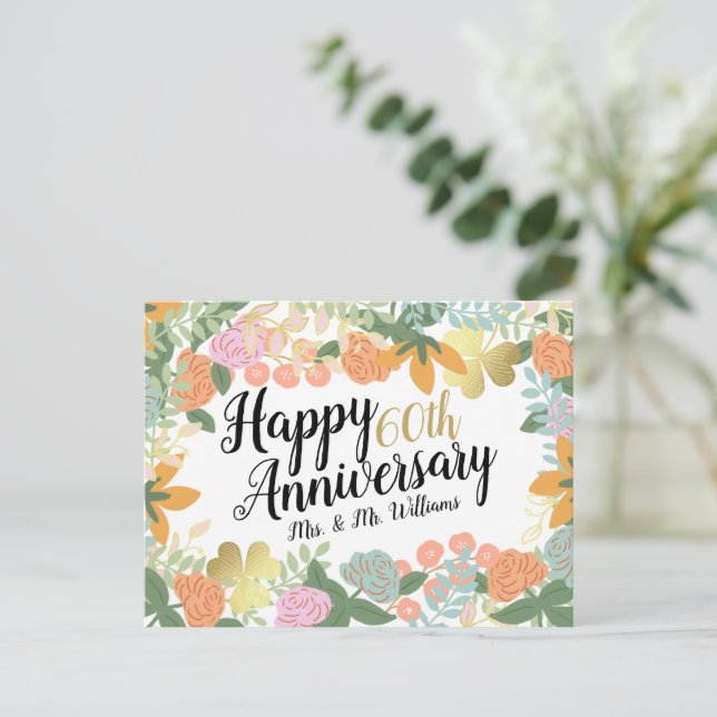 Personalised Spring Floral Happy 60th Anniversary  Postcard (Standing Front)