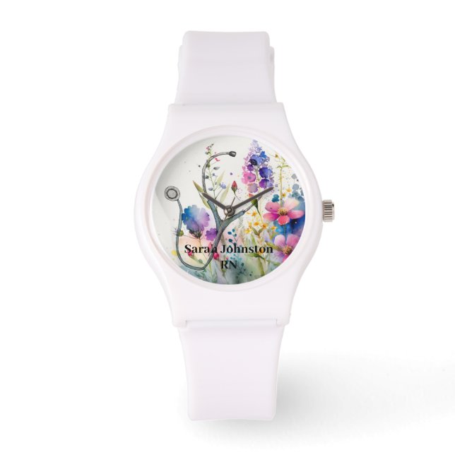 Personalised Spring Flower Nurse Monogram Gift Watch (Front)