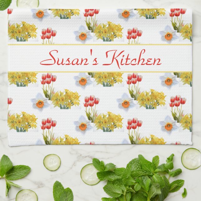 Personalised Spring Flowers Floral Kitchen Towels (Folded)