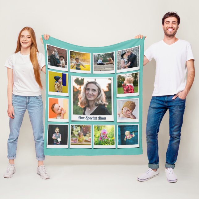 Personalised Square Photo Collage Family Teal Fleece Blanket (In Situ)