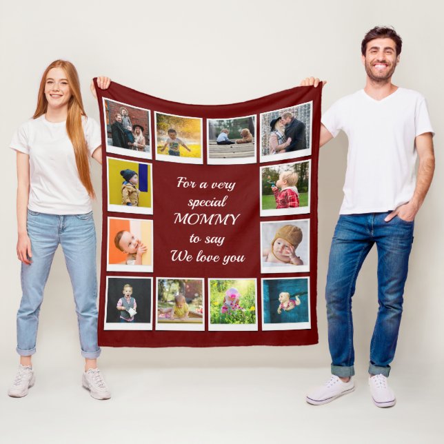 Personalised Square Photo Collage Modern Red Fleece Blanket (In Situ)