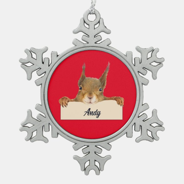 Personalised Squirrel Face Snowflake Pewter Christmas Ornament (Front)