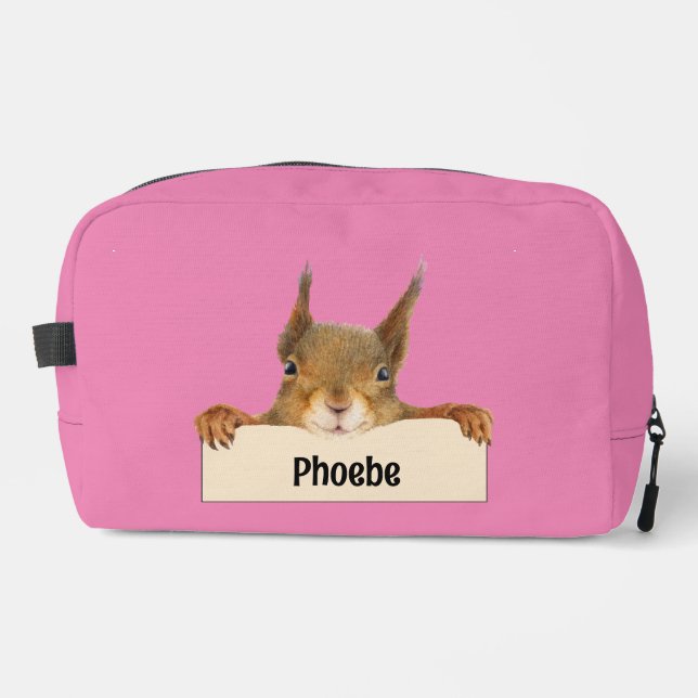 Personalised Squirrel Holding Nameplate Sign Dopp Kit (Front)