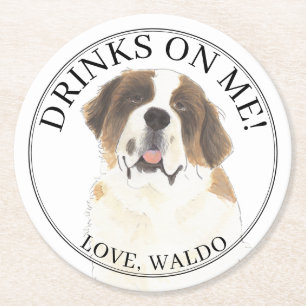 Personalised St. Bernard Dog Wedding Round Paper Coaster