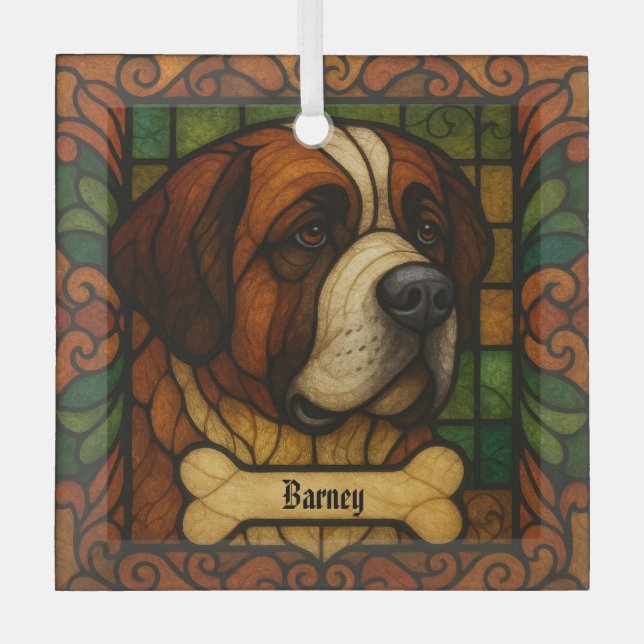 Personalised St. Bernard "Stained Glass"  Glass Tree Decoration (Front)