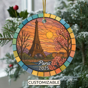 Personalised Stained Glass Paris Ornament, France Ceramic Tree Decoration