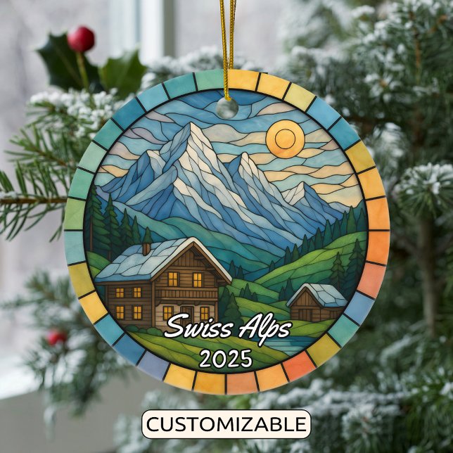 Personalised Stained Glass Swiss Alps, Switzerland Ceramic Tree Decoration (Creator Uploaded)