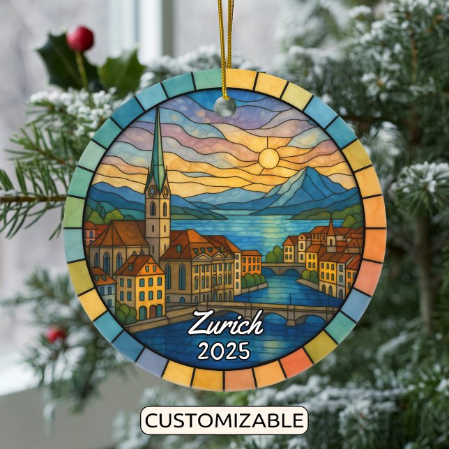 Personalised Stained Glass Zurich, Switzerland Ceramic Tree Decoration (Creator Uploaded)