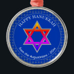 Personalised | Star of David | HAPPY HANUKKAH Metal Tree Decoration<br><div class="desc">Stylish Cobalt Blue STAR OF DAVID HANUKKAH Metal Ornament with faux silver Star of David in a tiled pattern in the background, and a large colourful Star of David at the centre. The text reads HAPPY HANUKKAH plus placeholder name and is CUSTOMIZABLE, so you can replace the message and add...</div>