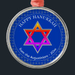 Personalised | Star of David | HAPPY HANUKKAH Metal Tree Decoration<br><div class="desc">Stylish Cobalt Blue STAR OF DAVID HANUKKAH Metal Ornament with faux silver Star of David in a tiled pattern in the background, and a large colourful Star of David at the centre. The text reads HAPPY HANUKKAH plus placeholder name and is CUSTOMIZABLE, so you can replace the message and add...</div>