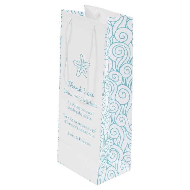 Personalised starfish blue wedding favour wine bag (Back Angled)