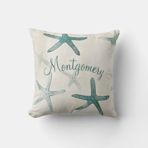 Personalised Starfish Green Beige Coastal Cushion