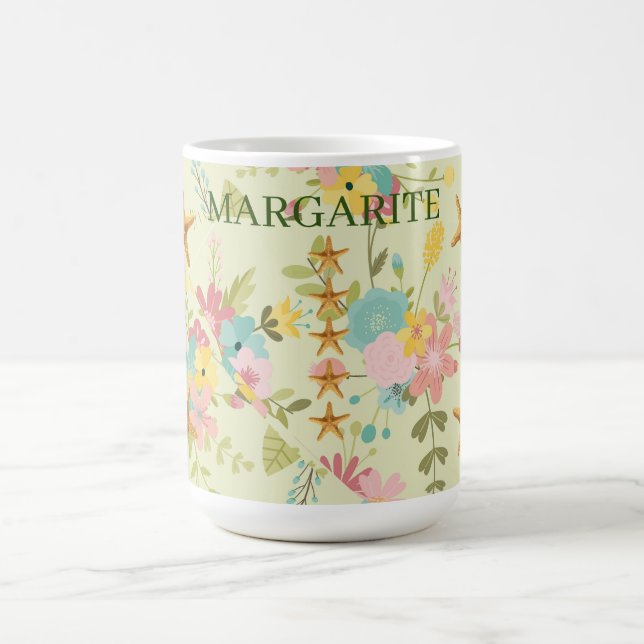 Personalised Starfish Pink Yellow Green Florals Coffee Mug (Center)