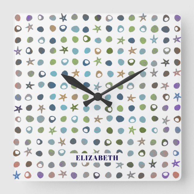 Personalised Starfish & Sea Shells Square Wall Clock (Front)