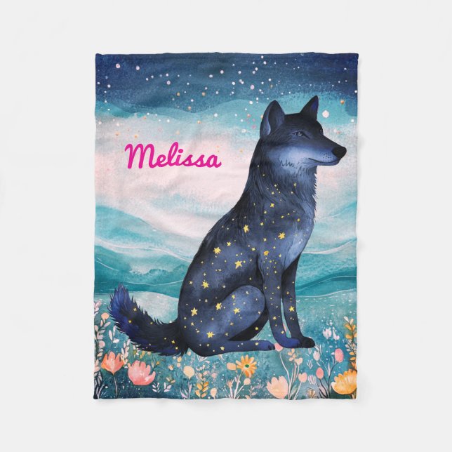 Personalised Starry Night Wolf in Wildflowers Flee Fleece Blanket (Front)