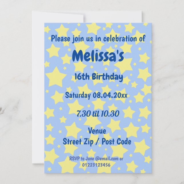 Personalised Stars Party Invitation (Front)