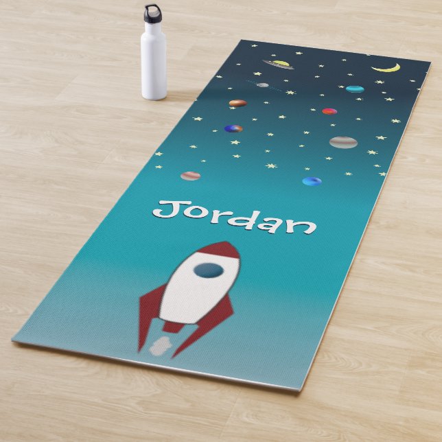 Personalised Stars Rocket Planets Outer space Blue Yoga Mat (In Situ)