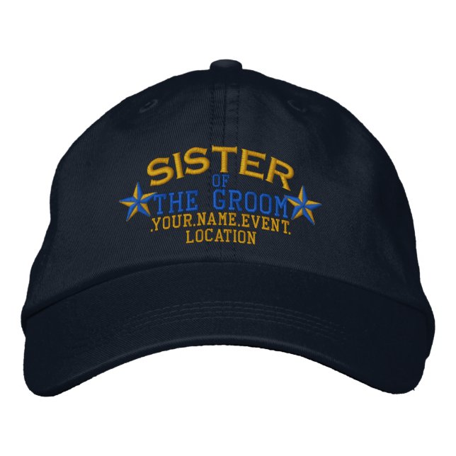 Personalised Stars Sister of the Groom Gold Blue Embroidered Hat (Front)