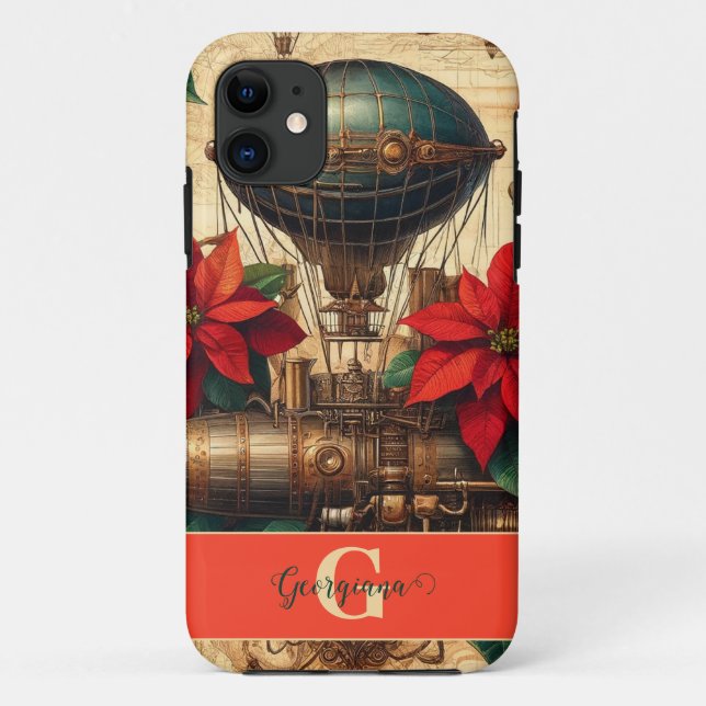 Personalised Steampunk Airship with Poinsettia Case-Mate iPhone Case (Back)