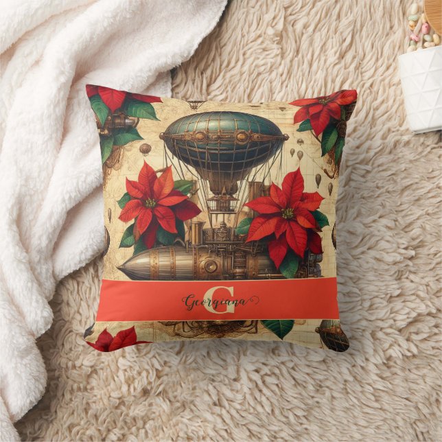 Personalised Steampunk Airship with Poinsettia Cushion (Blanket)