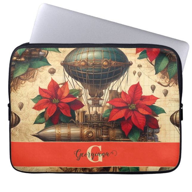 Personalised Steampunk Airship with Poinsettia Laptop Sleeve (Front)