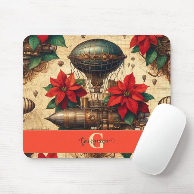 Personalised Steampunk Airship with Poinsettia Mouse Pad (With Mouse)