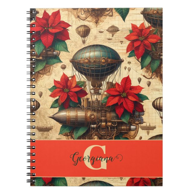Personalised Steampunk Airship with Poinsettia Notebook (Front)