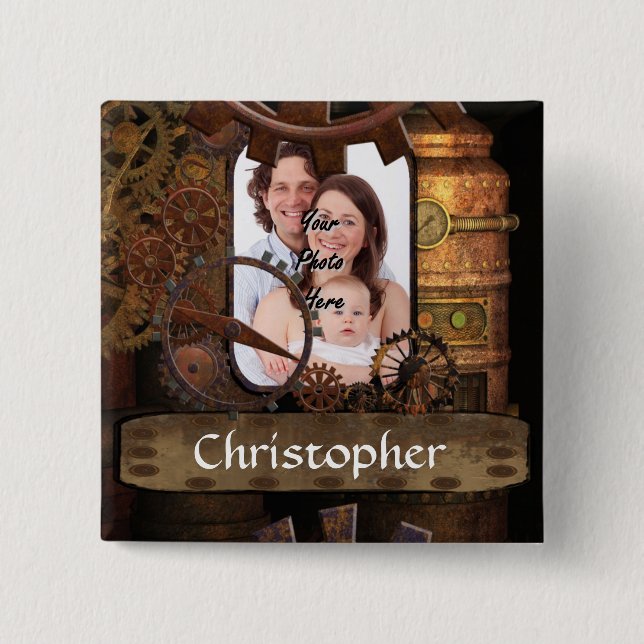 Personalised steampunk machinery 15 cm square badge (Front)