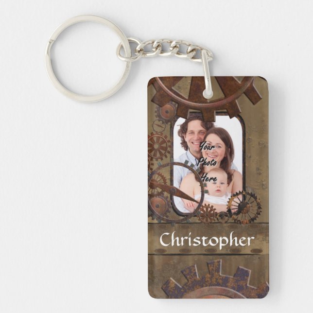 Personalised steampunk photo template key ring (Front)